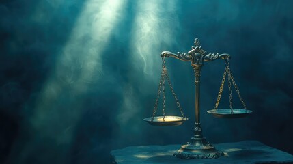Bronze law scales surrounded by faint light beams on a matte navy background
