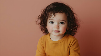 Cute toddler girl with curly brown hair and a warm orange top, posed against a soft peach backdrop.  Her gaze is direct and gentle