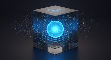 Glass Cube Encasing Pulsing Blue Orb with Holographic Firewalls