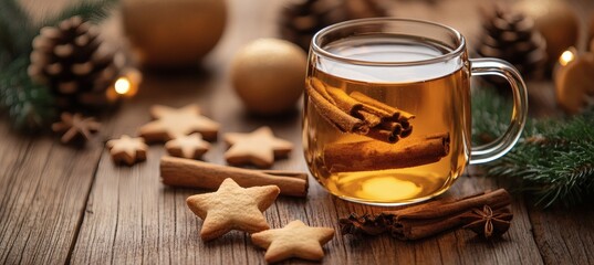 Hot tea with cinnamon and star shaped cookies on rustic wooden table evoking warm cozy winter ambiance with festive holiday flavors,

