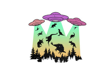 Dinosaur Abduction - UFO Beams and Prehistoric Creatures Scene Illustration