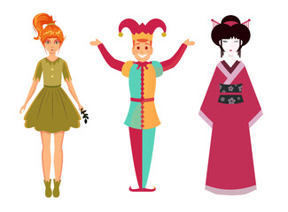a set of vector images with fantasy characters. An elf girl in the forest, a juggling jester in a circus, a geisha in the square. cartoon flat illustrations with people