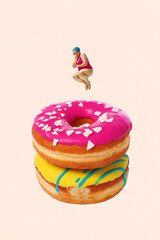 Woman in swimsuit jumping into stacked donuts with colorful icing against pastel background. Contemporary art collage. Concept of summer, vacation, surrealism, creative design, sweet life