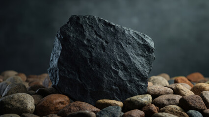 Macro shot of large textured black rock surrounded by natural small river stones