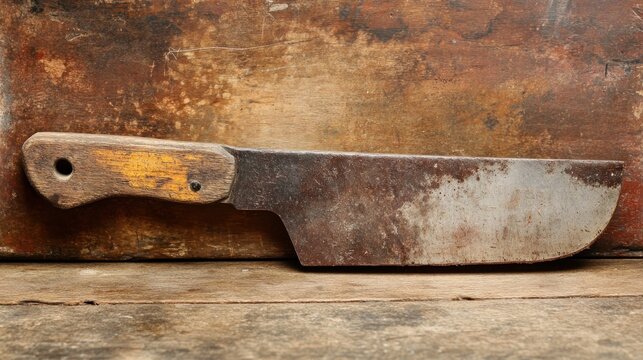 Rusty cleaver on wooden surface