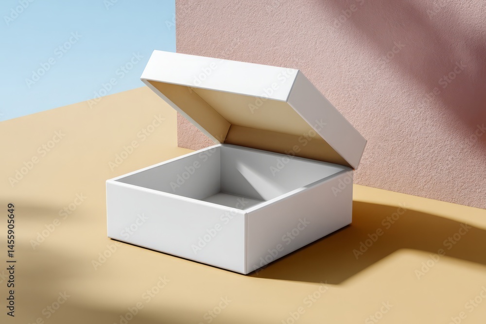 Poster elegant white open box on tan surface with soft lighting and shadows