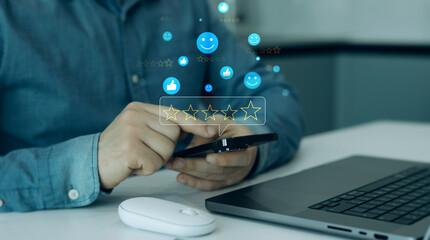 Customer evaluation product service quality feedback review.Customer satisfaction survey with 5 star grade. Service experience rating online in phone application. 