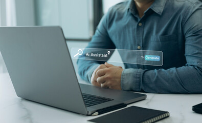 Person searching for information with the help of Ai assistant.Virtual assistant, artificial...