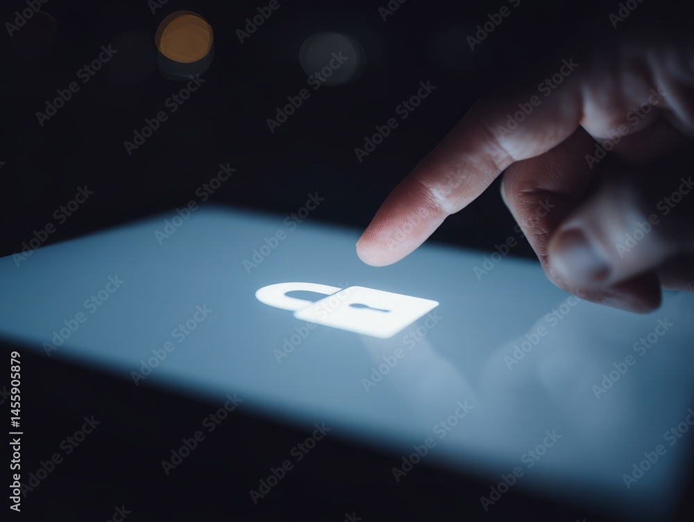Poster finger touching a digital tablet screen displaying a lock icon security