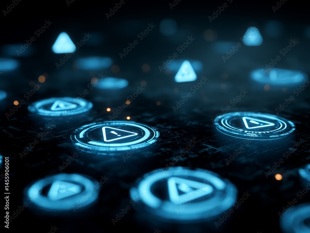 Poster futuristic technology interface displaying warning signs in digital space