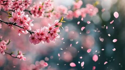 Gentle breeze scattering pink blossom petals from a cherry tree, blurred background - Powered by Adobe