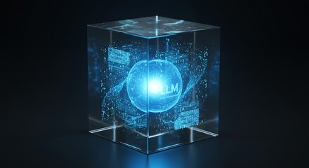 Glass Cube Encasing Pulsing Blue Orb with Holographic Firewalls