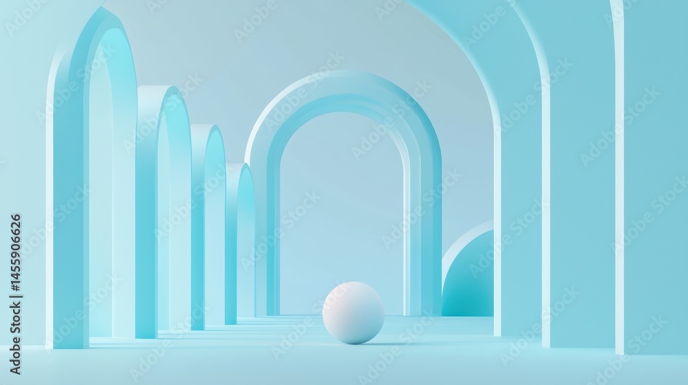 Poster a 3d rendering of a light blue corridor with arches and a white sphere in the center.