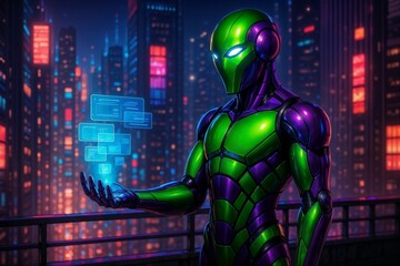futuristic green robot using holographic interface in glowing neon city at night for use in technology visuals sci fi scenes or digital innovation concepts
