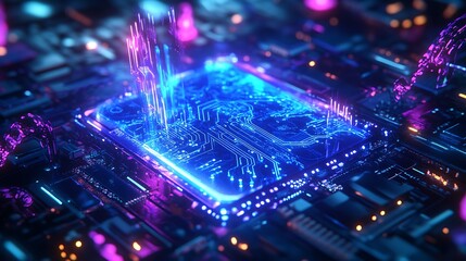 Fototapeta premium A liquid quantum processor with glowing blue and purple currents intricate nano-circuitry flowing energy waves 