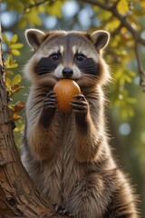 Fototapeta premium A masked raccoon delicately holds an acorn in its mouth, perched on a tree branch , wildlife, forest
