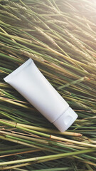 A mockup of an image of a white empty tube of cream. The concept of environmental friendliness of the product, natural cosmetics, natural ingredients