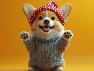 Cheerful corgi in red polka-dot hat raises paws on textured yellow surface, mid-leap capture dynamic energy.