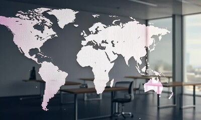 Pink World Map Overlayed On Modern Office Interior With Desks And Natural Light - Powered by Adobe