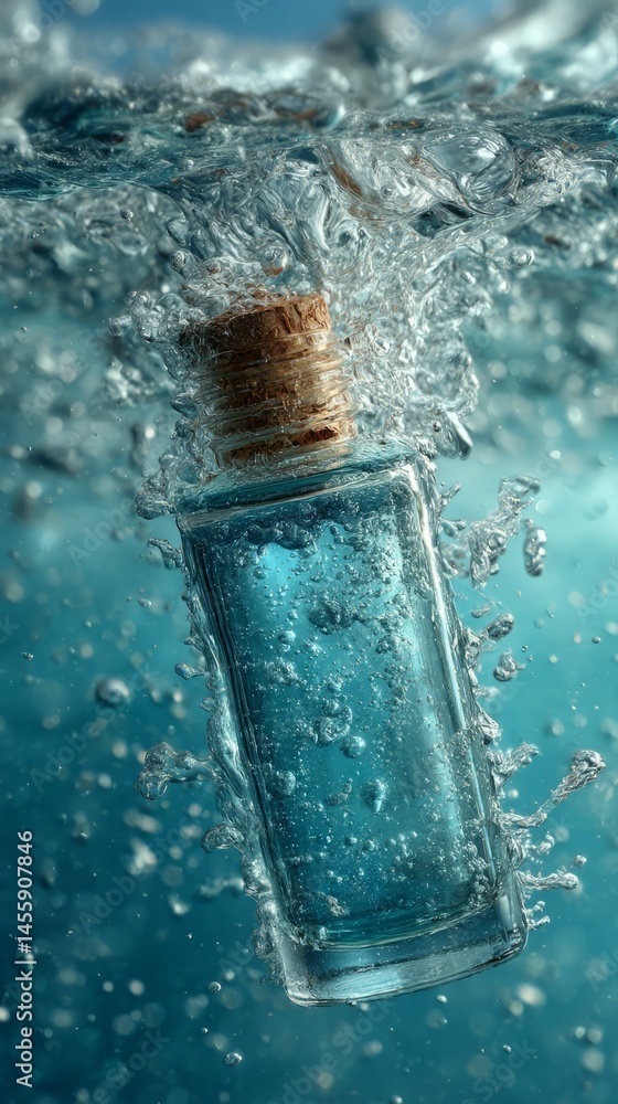 Aufkleber message in a bottle floats in blue water creating splash and bubbles