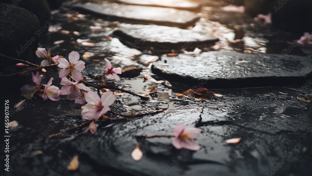 Poster pink cherry blossoms scattered on wet dark stone pathway delicate petals and branches near puddle of