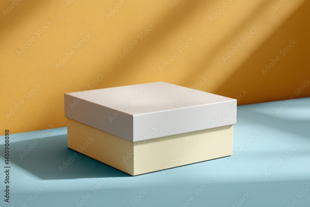 Poster minimalist product display a box on colorful surface with sunlight shadow