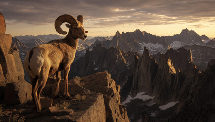Obraz premium Majestic bighorn sheep stands on a rocky mountain peak at sunset overlooking a breathtaking panorama of rugged snowcapped peaks. : Generative AI