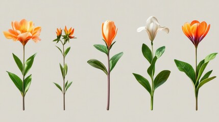 Fototapeta premium Collection of five vibrant and colorful flowers including lilies tulips and a hyacinth with lush green leaves arranged in a row on a plain background