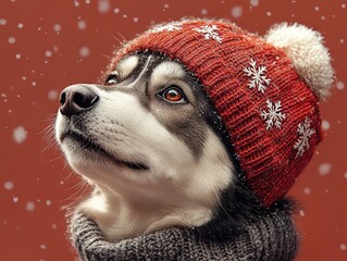 Blue-eyed Husky gazing upward, orange snowflake-patterned hat against blurred falling snowflakes backdrop.