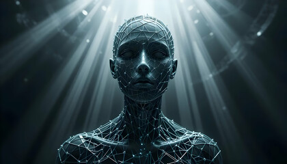 Serene Digital Being AI Art Depicting a Tranquil Cybernetic Humanoid Illuminated by Divine Light