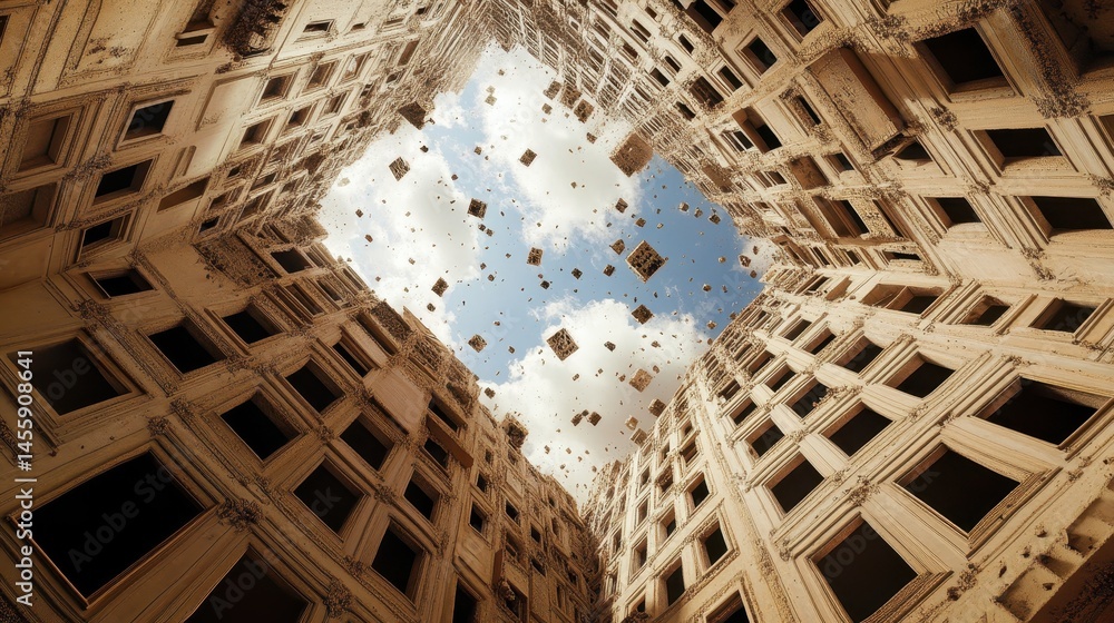 Poster urban tapestry unveiling cerulean canvas contrasting architectural geometry against atmospheric dept