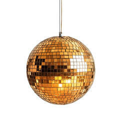 Obraz premium Shimmering gold disco ball hanging from the ceiling in a lively party setting during the evening hours