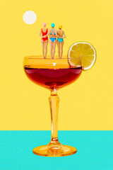 Women in swimsuits stand on cocktail glass with lemon against abstract yellow background. Party vibes. Contemporary art collage. Concept of summer, vacation, surrealism, creative design
