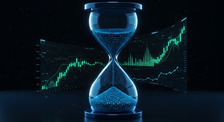 Futuristic Blue Hourglass with Digital Sand and Financial Graphs