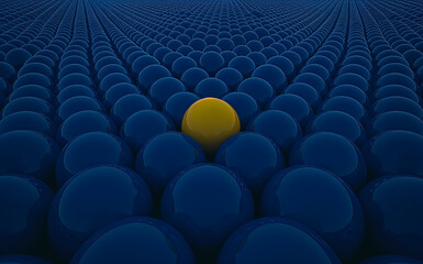 Obraz premium Realistic photograph of numerous deep blue spheres filling the frame. One central sphere glows vibrant yellow. Remaining spheres dark navy blue. No text, no people. Dramatic lighting