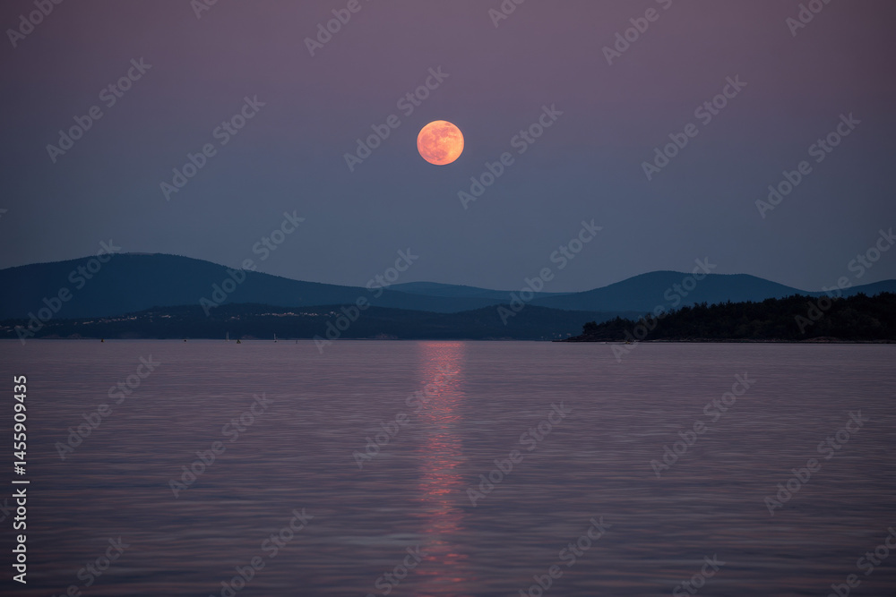 Poster pink full moon rising over calm ocean water reflecting light on the surface with dark silhouettes of