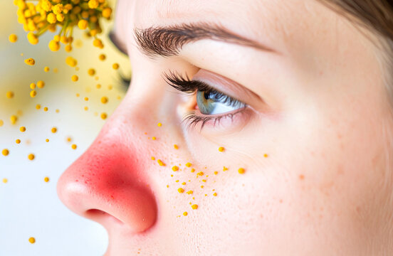 cara de una mujer con la nariz enrojecida y congestionada por alergia al polen primaveral y congestion nasal de primavera