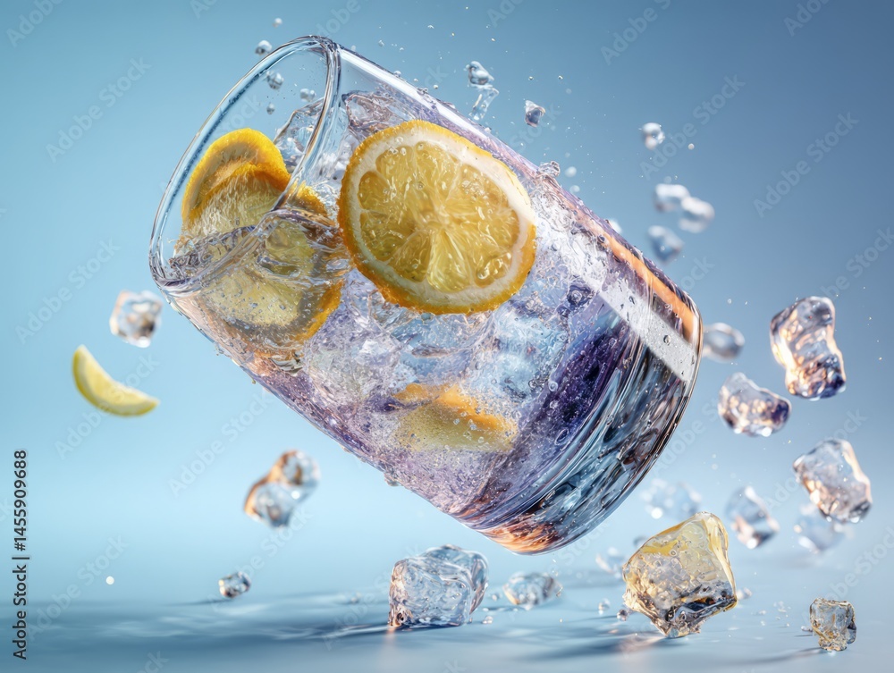 Poster refreshing drink with lemon slices and ice cubes in motion for summer