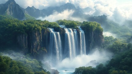 Fototapeta premium Dramatic waterfalls plunge from great heights, their thunderous roar echoing through the landscape.