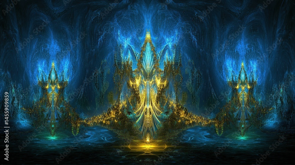 Poster abstract luminous aureate figure displaying glowing cyan aura a mesmerizing digital illustration and
