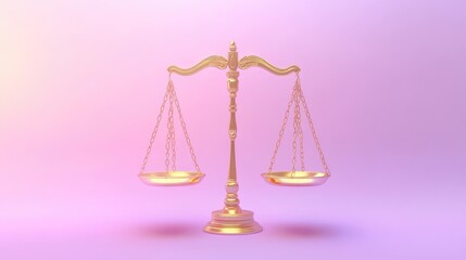 Symmetrical golden justice scales glowing gently against a soft lavender gradient