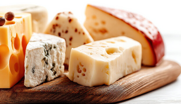 A selection of gourmet cheeses including cheddar brie and gouda artfully arranged on a rustic wooden board ready for a cheese tasting. : Generative AI