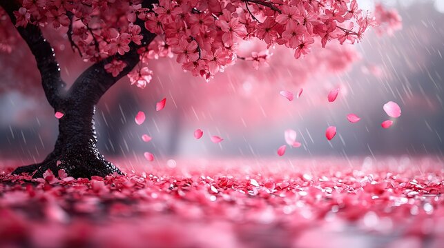 Dusty rose petals fall from a blossoming cherry tree, creating a delicate carpet of pink on the ground below.