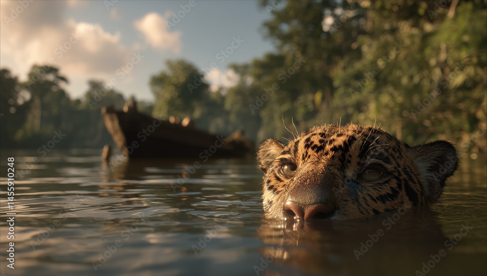 Aufkleber jaguar cub's curious face peeks from the murky water of an amazonian river a weathered boat softly b
