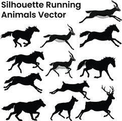 Dynamic Black Silhouette Running Animals Vector Collection.