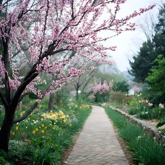 Naklejka premium Welcome Spring with Soft Peach Blossom Accents Along Garden Paths Designed for Tranquil Seasonal Ambiance
