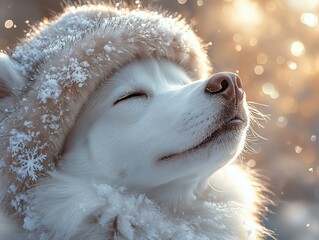 Peaceful Husky with snow-dusted fur closes eyes under golden sunlight, soft bokeh lights enhance dreamy winter vibe.
