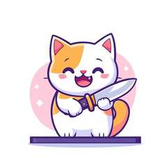 Cute cartoon cat holding a knife with a joyful expression, illustrated in a colorful and playful style, perfect for children's content and fun designs.