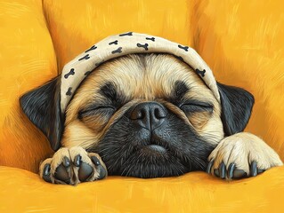 Adorable pug puppy naps on mustard-yellow cushion, bone-patterned headband accentuates its peaceful expression.