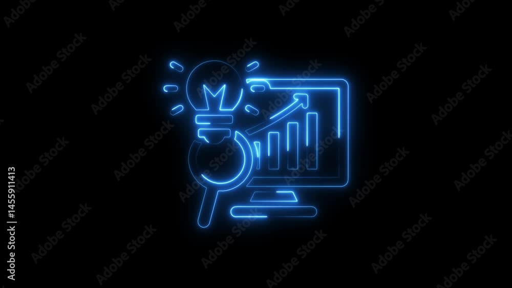 Poster illuminated neon icons representing data analysis and business growth concepts